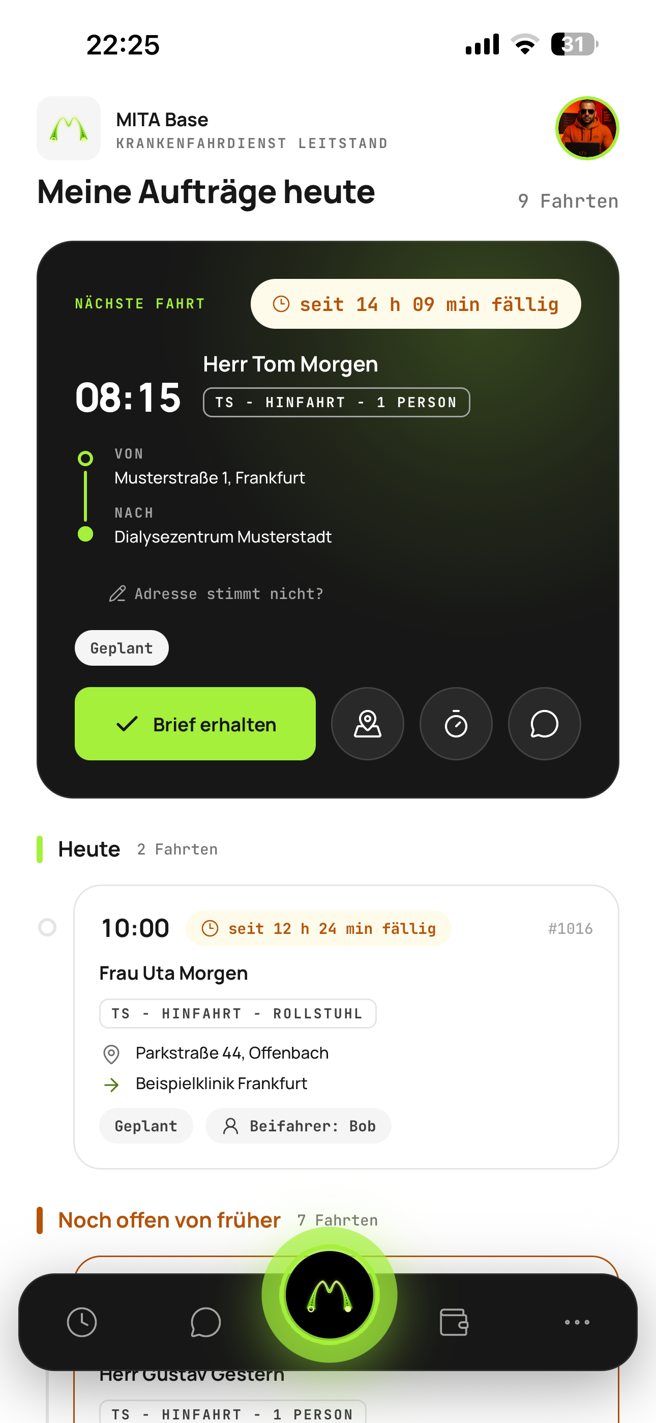 Die Auftragsliste in der MitaBase Fahrer-App
