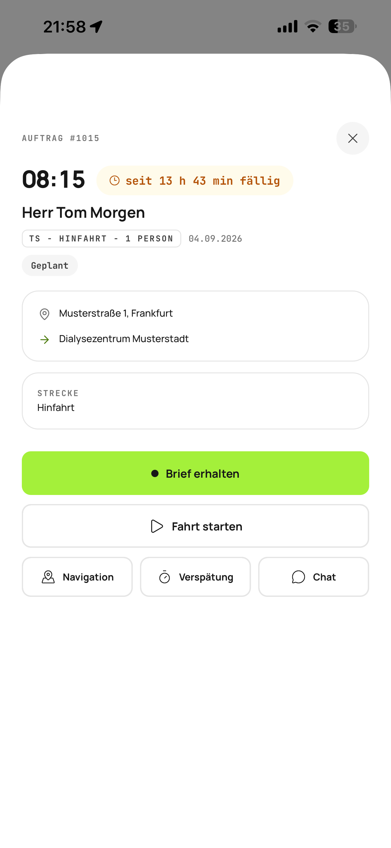 Ein geöffneter Auftrag mit Adresse und Navigation