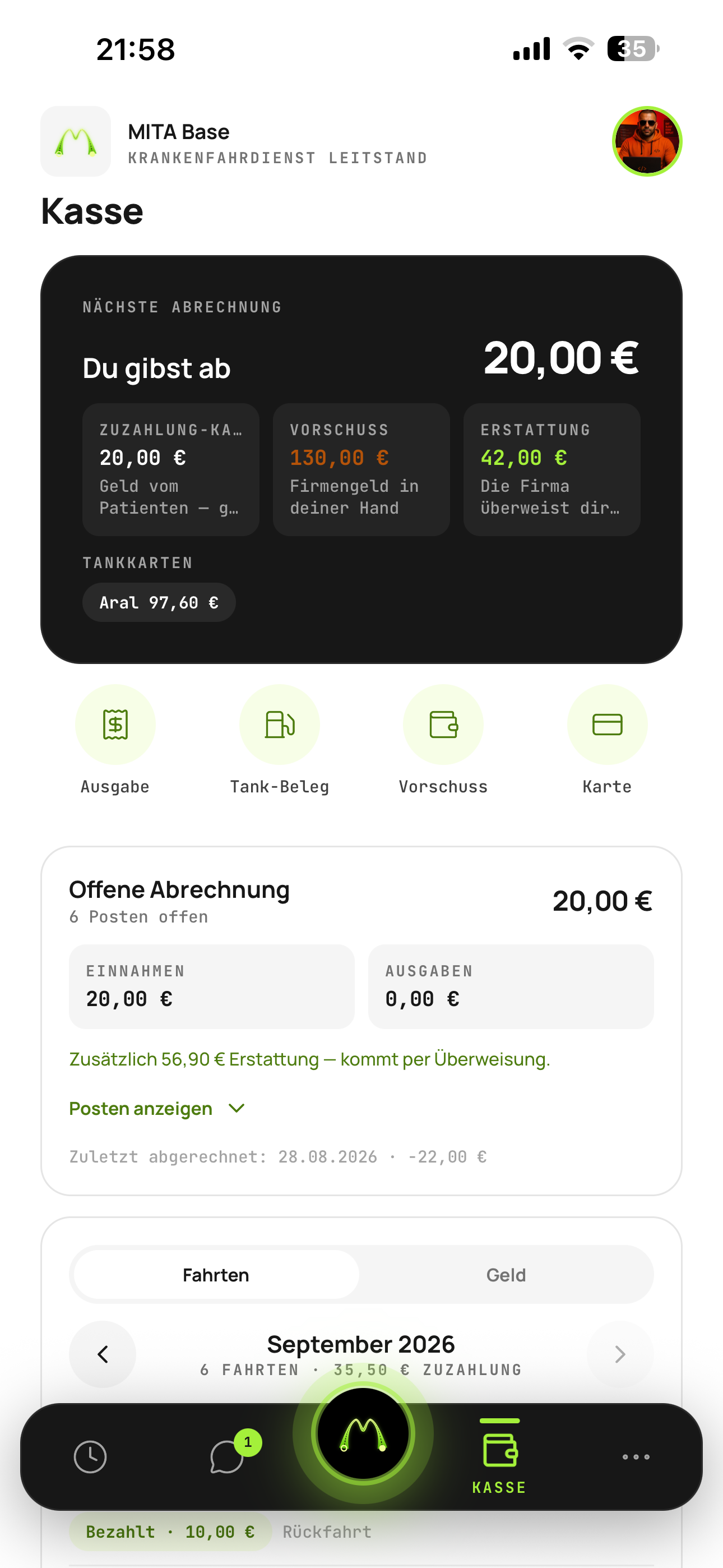 Die Kasse in der Fahrer-App mit fotografiertem Beleg