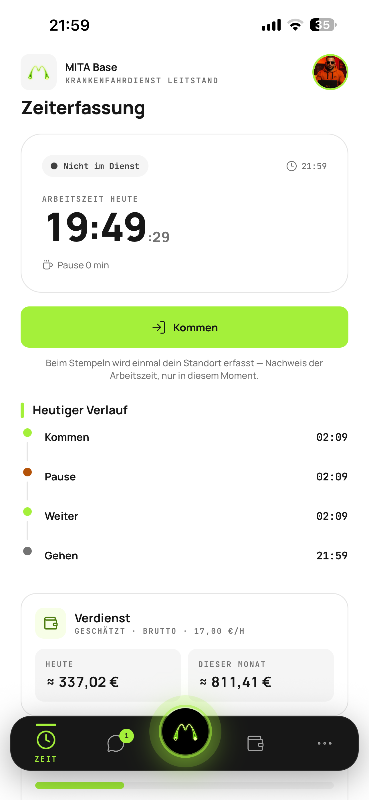Die Zeiterfassung in der Fahrer-App: Kommen, Pause, Gehen