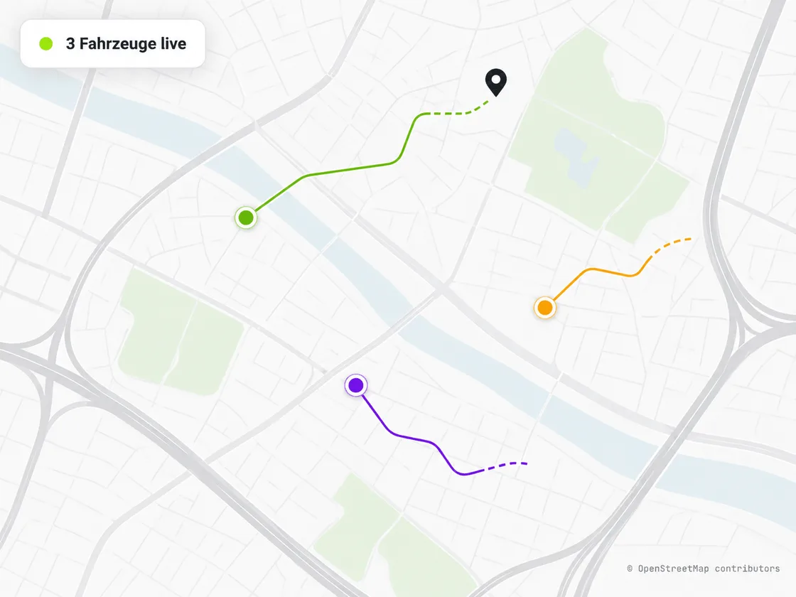 The live map in the panel: several vehicles in real time, with drawn routes.