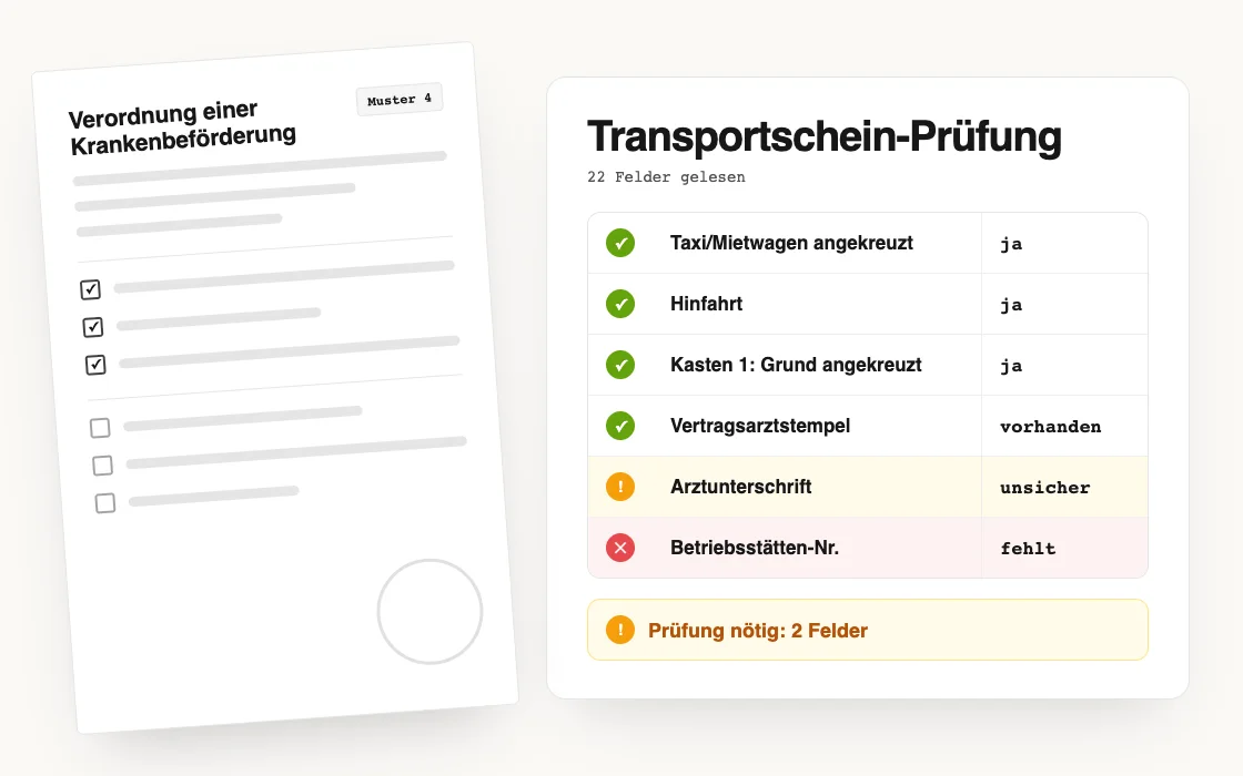 Vorschau der automatischen Transportschein-Prüfung (in Vorbereitung): das Formular neben den ausgelesenen Feldern, ein unsicheres und ein fehlendes Feld markiert.